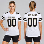 Custom White Mesh Authentic Football Jersey with Black and Vegas Gold Lettering worn by female model