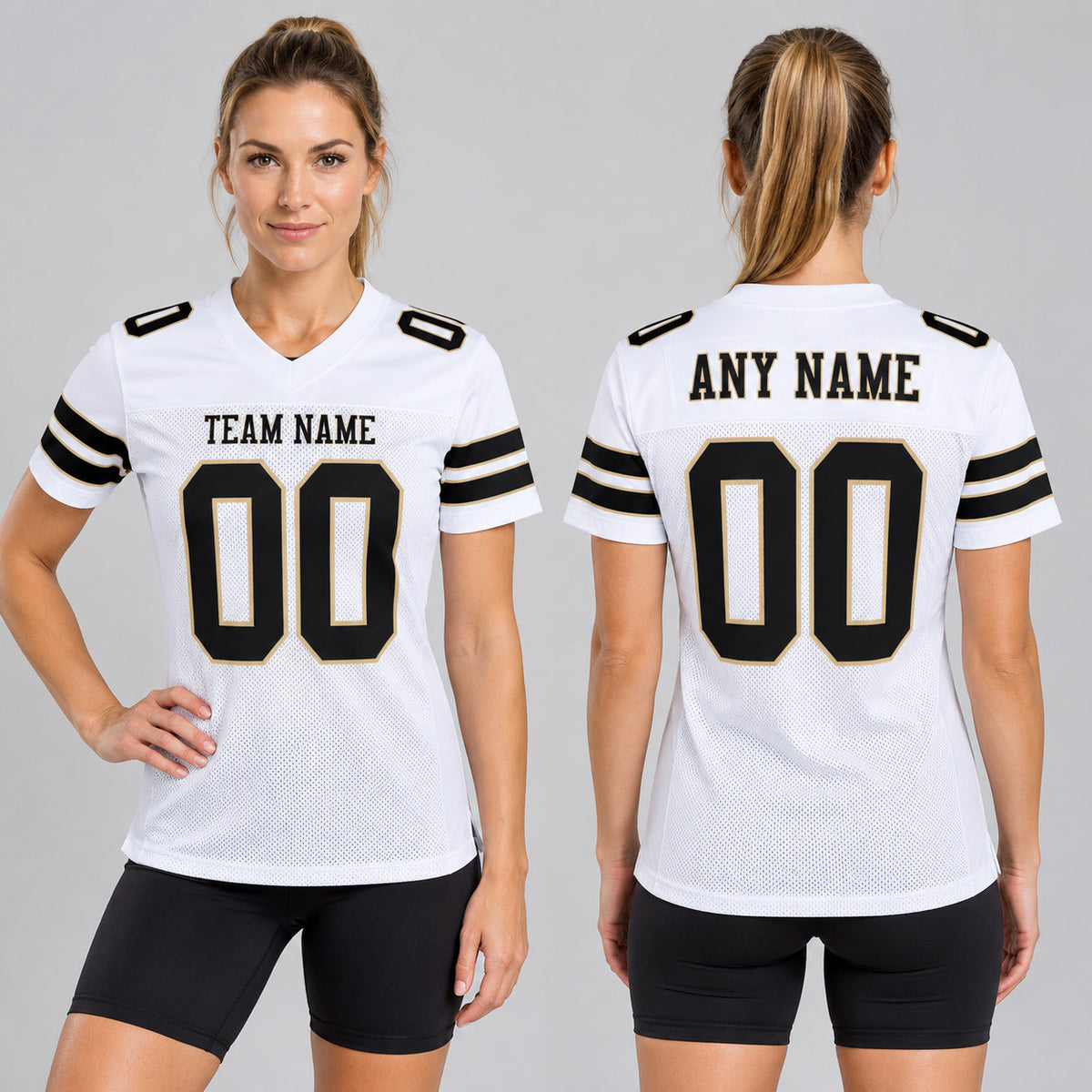 Custom White Mesh Authentic Football Jersey with Black and Vegas Gold Lettering worn by female model
