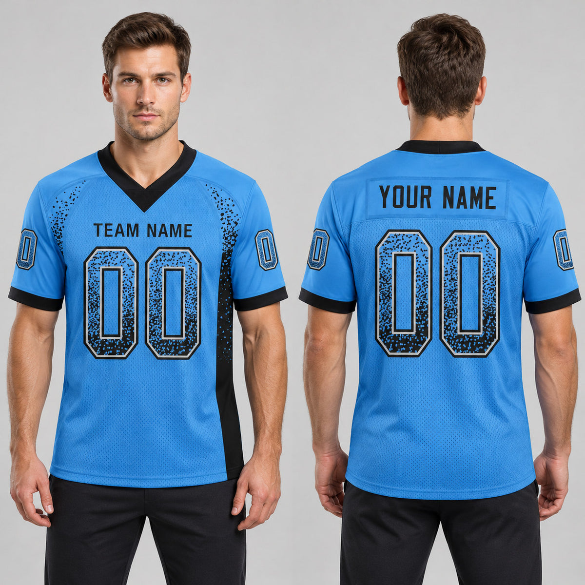 Custom Powder Blue Drift Football Jersey with Black and Gray Lettering worn by male model