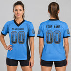 Custom Powder Blue Drift Football Jersey with Black and Gray Lettering worn by female model