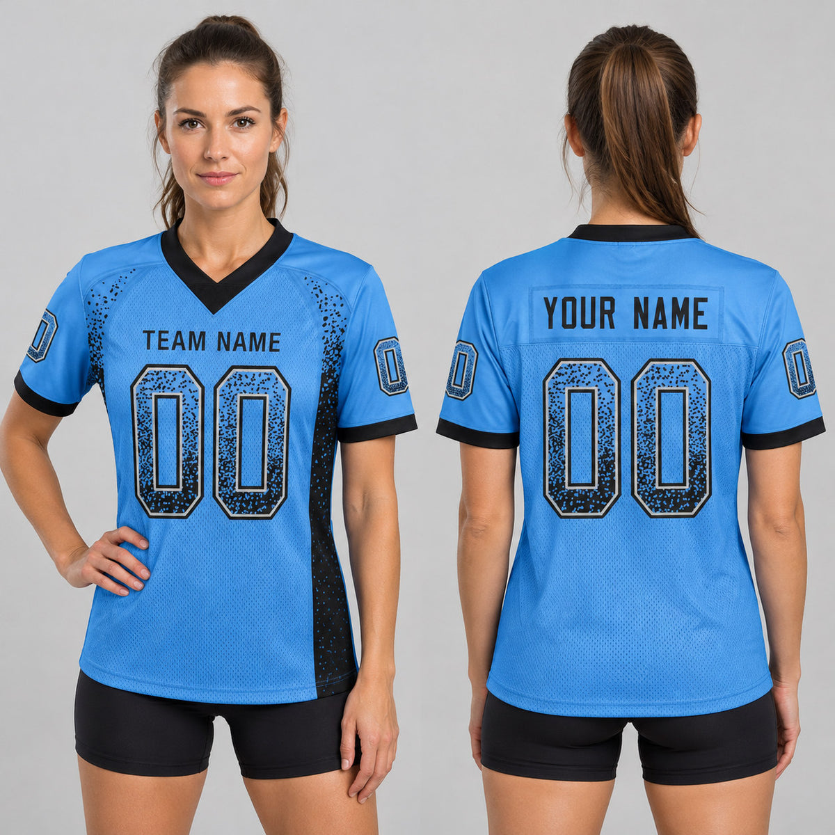 Custom Powder Blue Drift Football Jersey with Black and Gray Lettering worn by female model