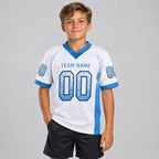 Custom White Drift Football Jersey with Powder Blue and Black Lettering youth size worn by child model