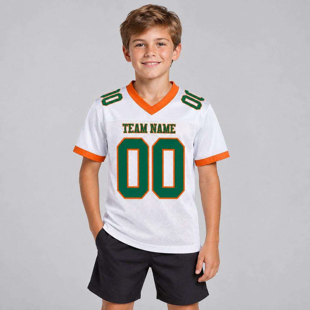 Custom White Mesh Authentic Football Jersey with Kelly Green and Orange Lettering youth size worn by child model