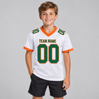 Custom White Mesh Authentic Football Jersey with Kelly Green and Orange Lettering youth size worn by child model