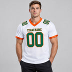 Custom White Mesh Authentic Football Jersey with Kelly Green and Orange Lettering worn by male model