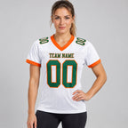 Custom White Mesh Authentic Football Jersey with Kelly Green and Orange Lettering worn by female model