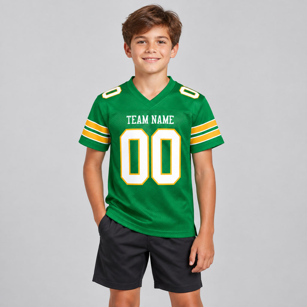 Custom Grass Green Mesh Authentic Football Jersey with White and Gold Lettering Design 0001 youth size worn by child model