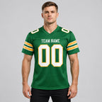 Custom Grass Green Mesh Authentic Football Jersey with White and Gold Lettering Design 0001 worn by male model