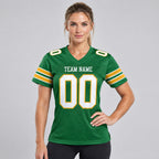Custom Grass Green Mesh Authentic Football Jersey with White and Gold Lettering Design 0001 worn by female model