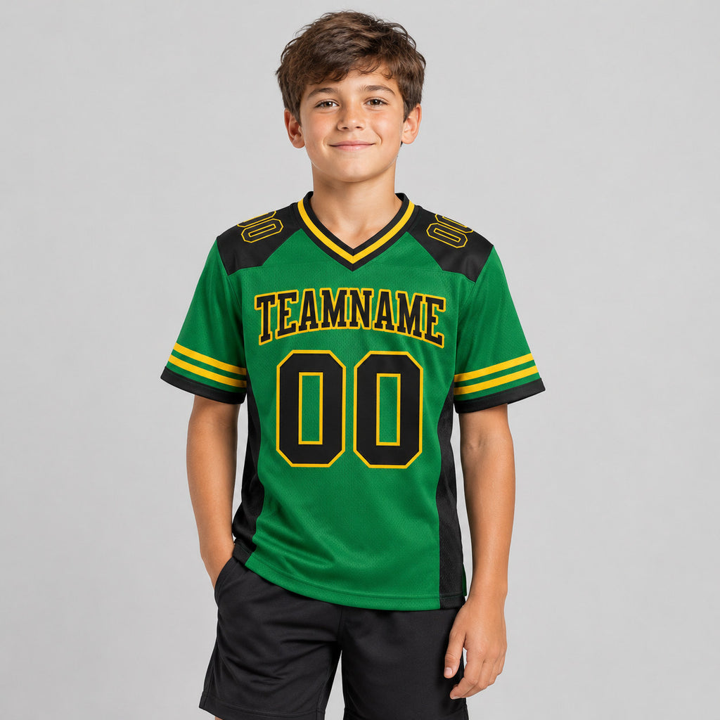 Custom Kelly Green Authentic Football Jersey with Black and Yellow Lettering youth size worn by child model