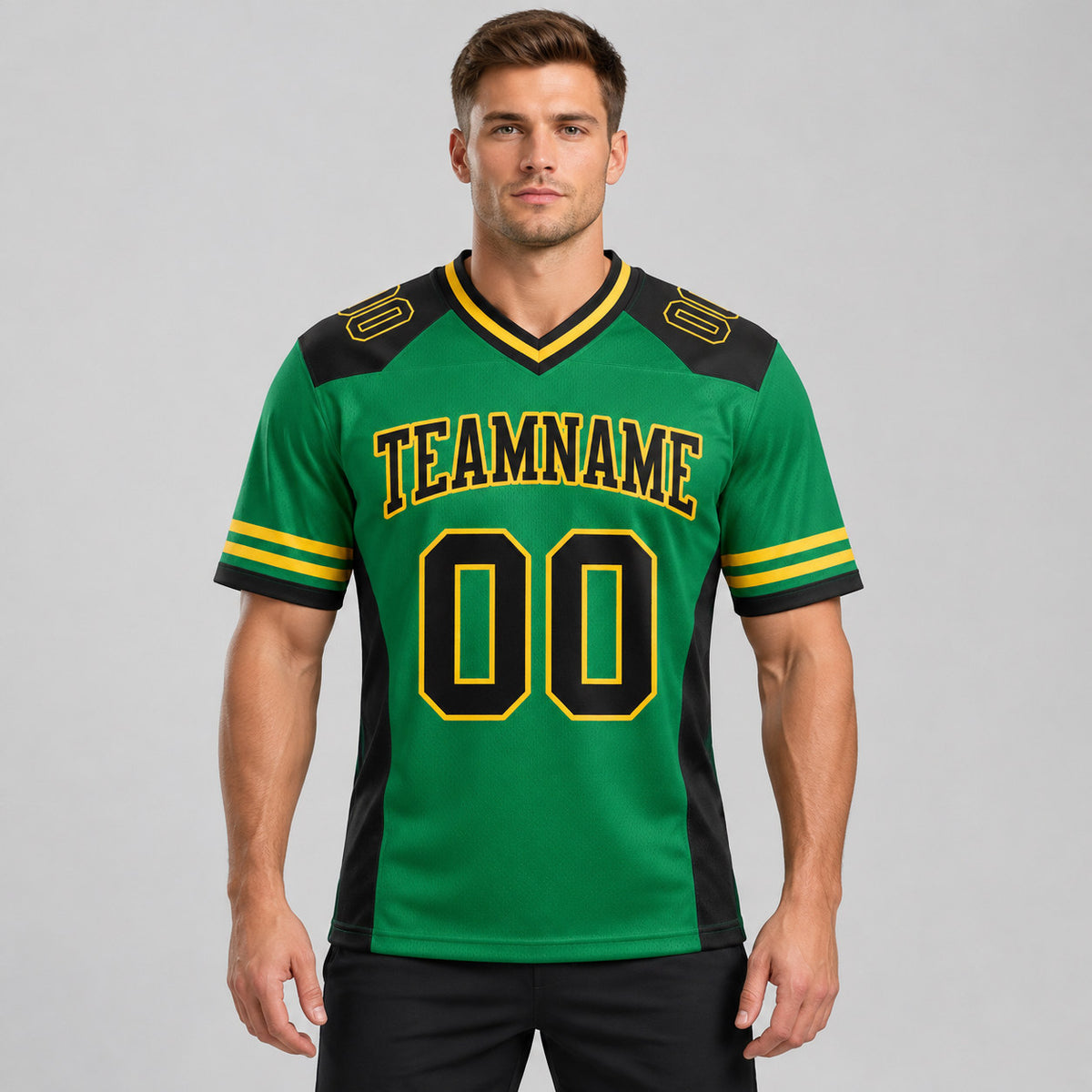 Custom Kelly Green Authentic Football Jersey with Black and Yellow Lettering worn by male model