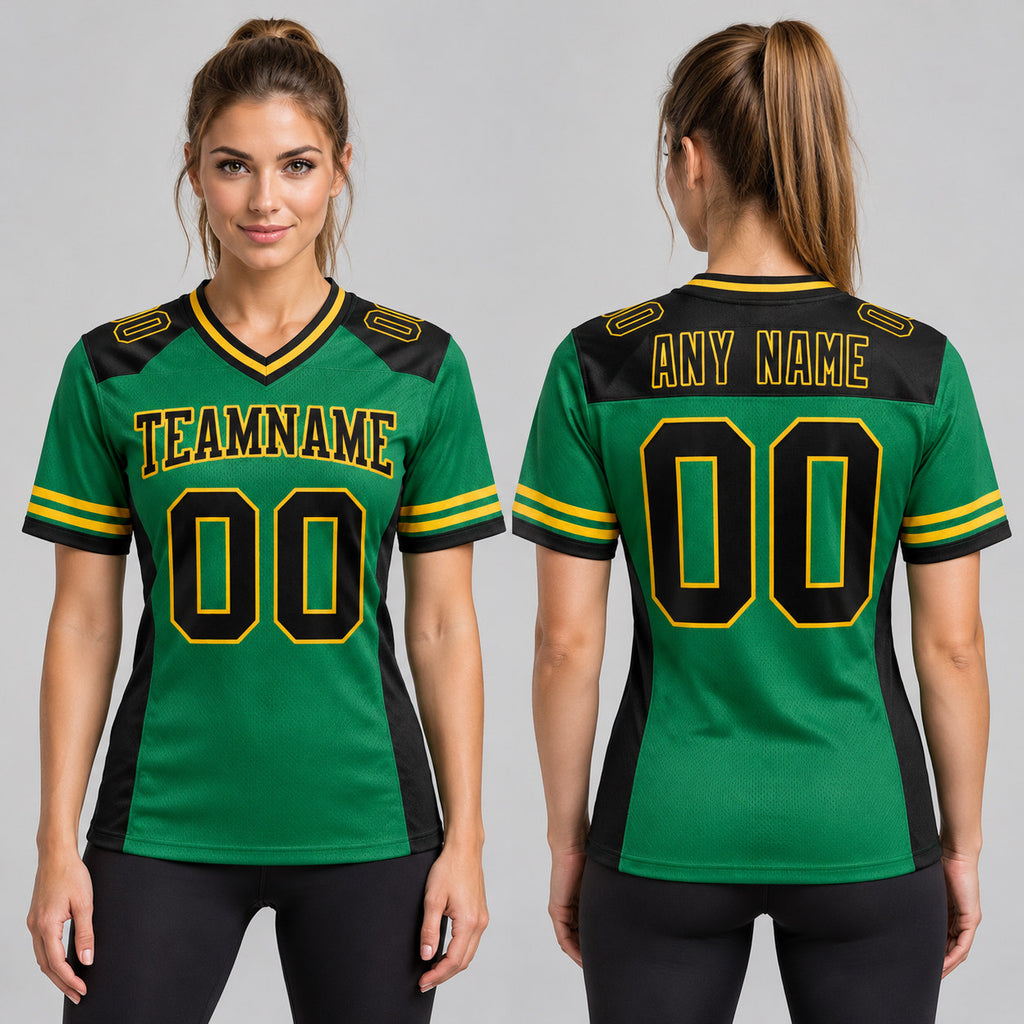 Custom Kelly Green Authentic Football Jersey with Black and Yellow Lettering worn by female model