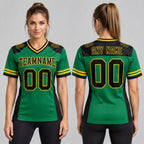Custom Kelly Green Authentic Football Jersey with Black and Yellow Lettering worn by female model