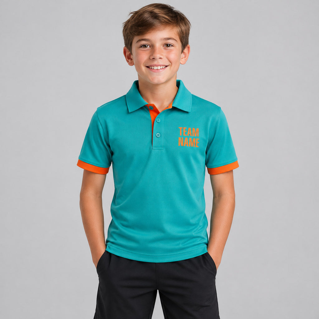Custom Aqua Golf Polo with Orange Lettering youth size worn by child model