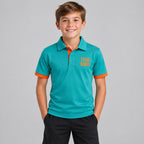 Custom Aqua Golf Polo with Orange Lettering youth size worn by child model