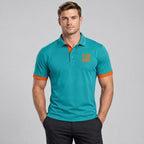 Custom Aqua Golf Polo with Orange Lettering worn by male model