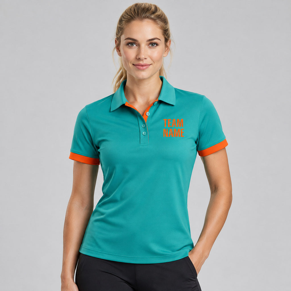 Custom Aqua Golf Polo with Orange Lettering worn by female model