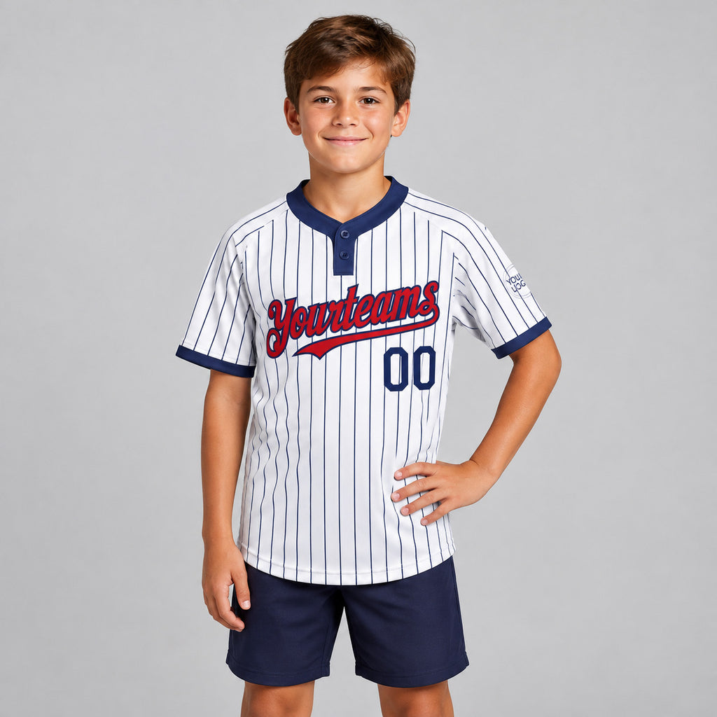 Custom White Two Button Pinstripe Softball Jersey with Navy Lettering Design 0782 youth size worn by child model