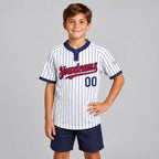 Custom White Two Button Pinstripe Softball Jersey with Navy Lettering Design 0782 youth size worn by child model