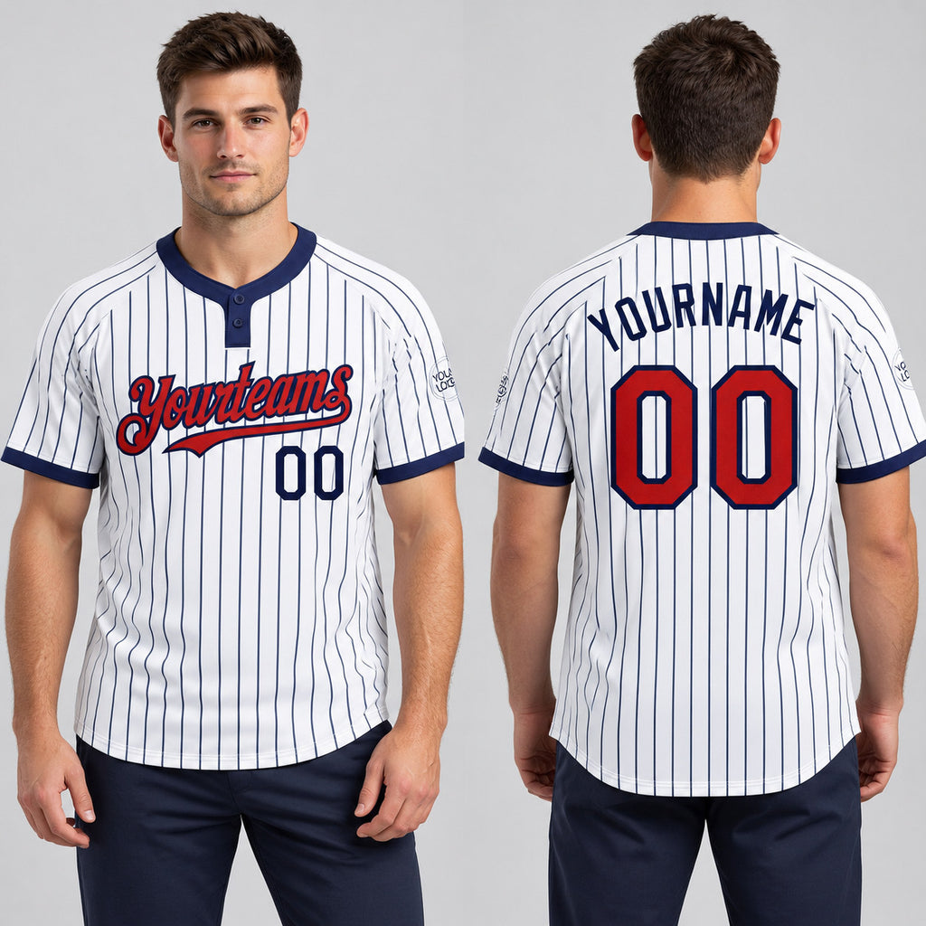 Custom White Two Button Pinstripe Softball Jersey with Navy Lettering Design 0782 worn by male model