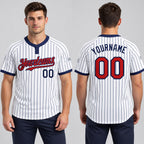 Custom White Two Button Pinstripe Softball Jersey with Navy Lettering Design 0782 worn by male model