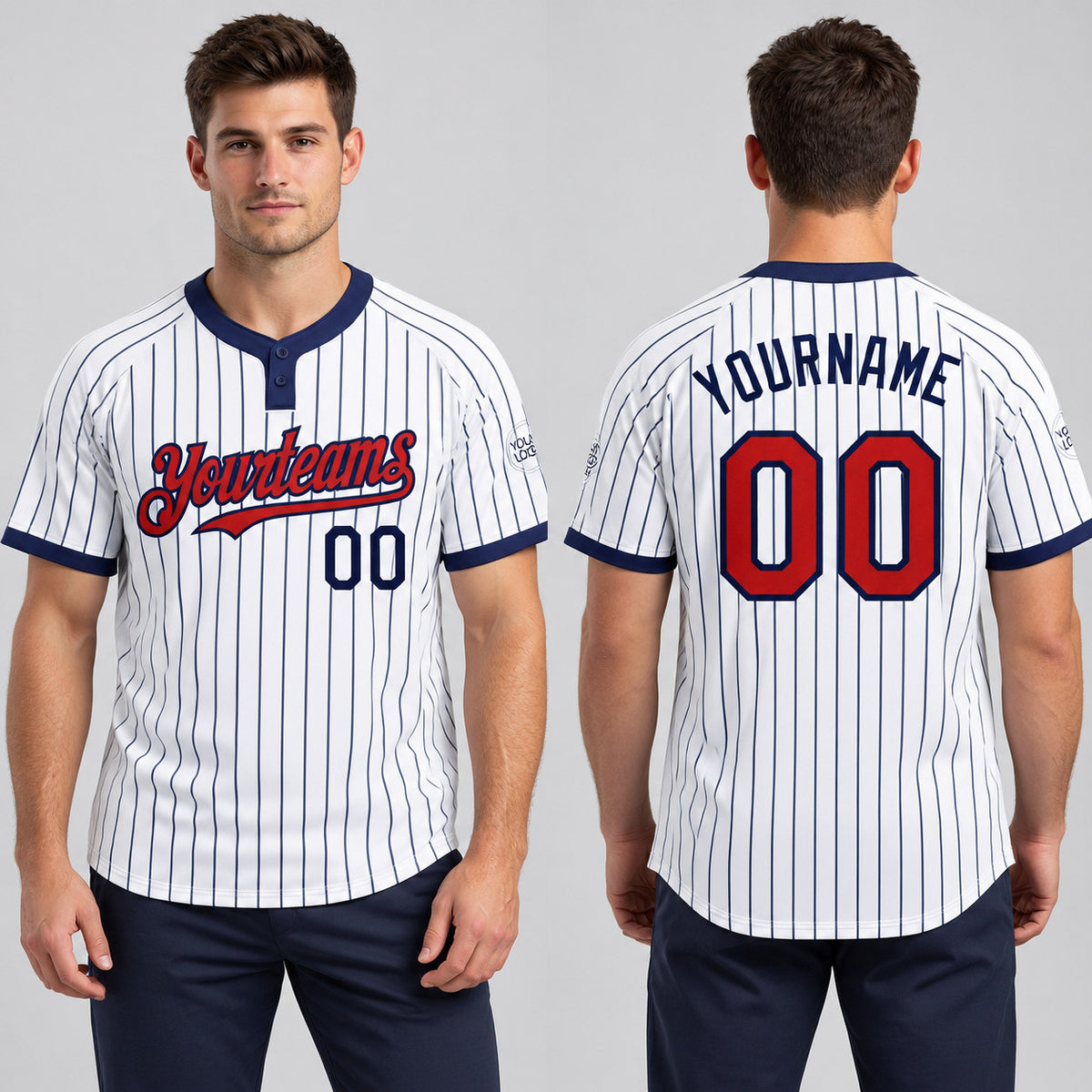 Custom White Two Button Pinstripe Softball Jersey with Navy Lettering Design 0782 worn by male model