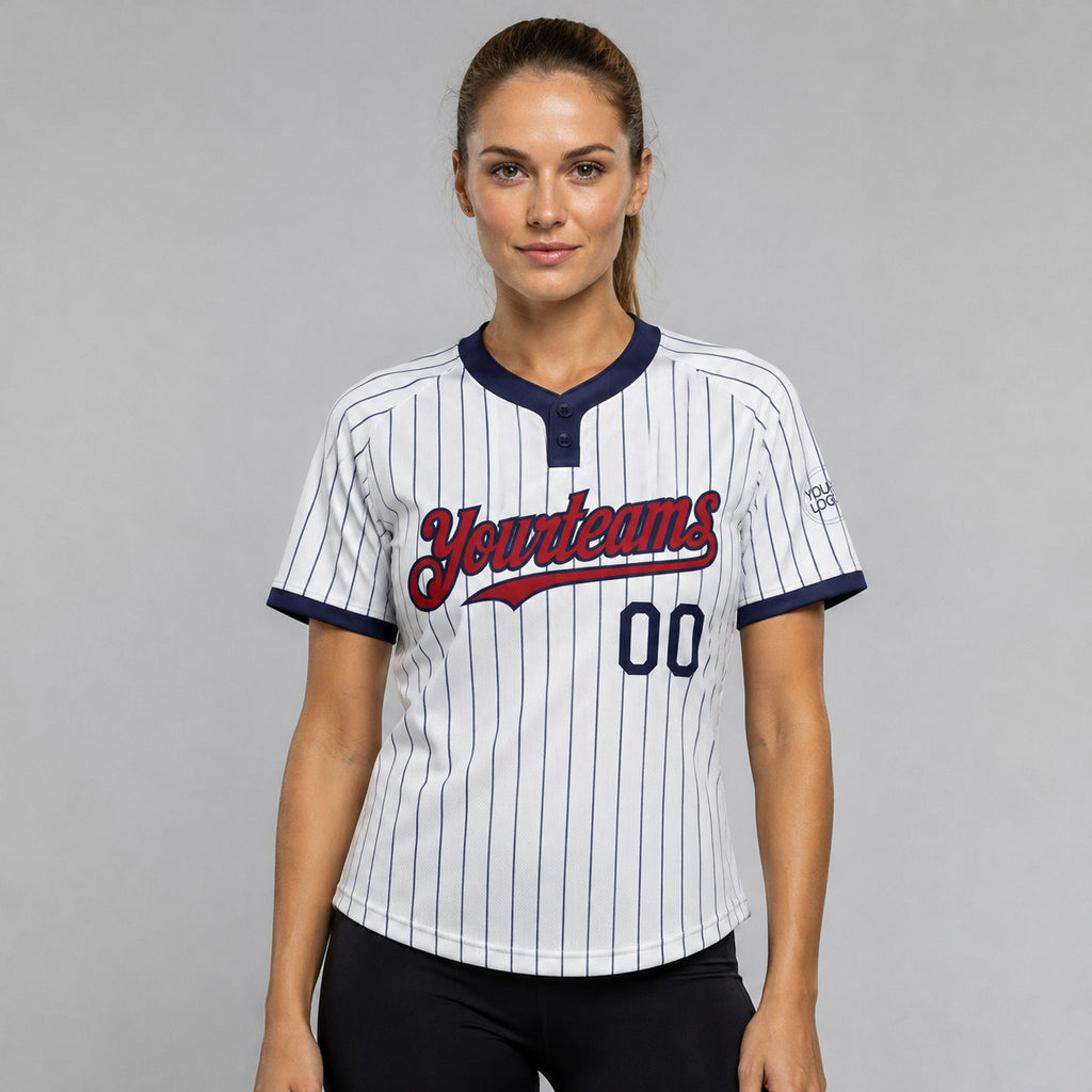 Custom White Two Button Pinstripe Softball Jersey with Navy Lettering Design 0782 worn by female model
