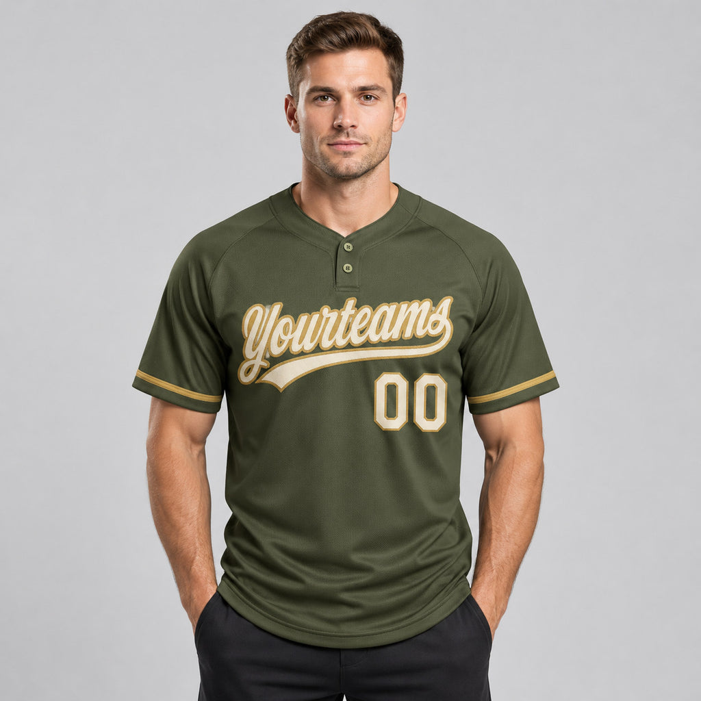 Custom Olive Salute To Service Two Button Softball Jersey with Cream and Old Gold Lettering worn by male model