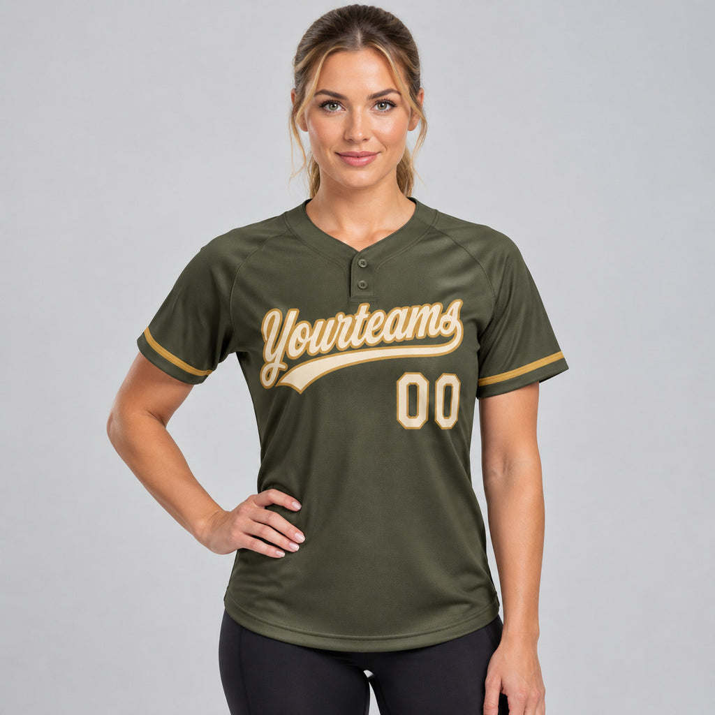 Custom Olive Salute To Service Two Button Softball Jersey with Cream and Old Gold Lettering worn by female model