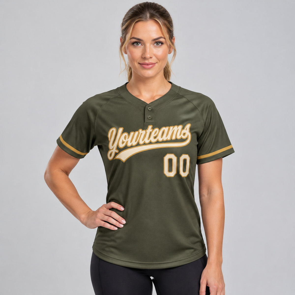 Custom Olive Salute To Service Two Button Softball Jersey with Cream and Old Gold Lettering worn by female model