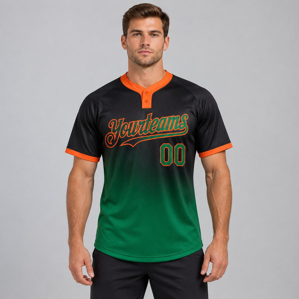Custom Black Gradient Two Button Softball Jersey with Kelly Green and Orange Lettering worn by male model