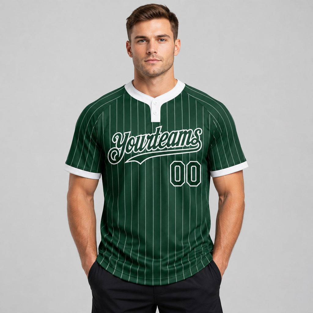 Custom Green Two Button Pinstripe Softball Jersey with White Lettering worn by male model