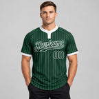 Custom Green Two Button Pinstripe Softball Jersey with White Lettering worn by male model