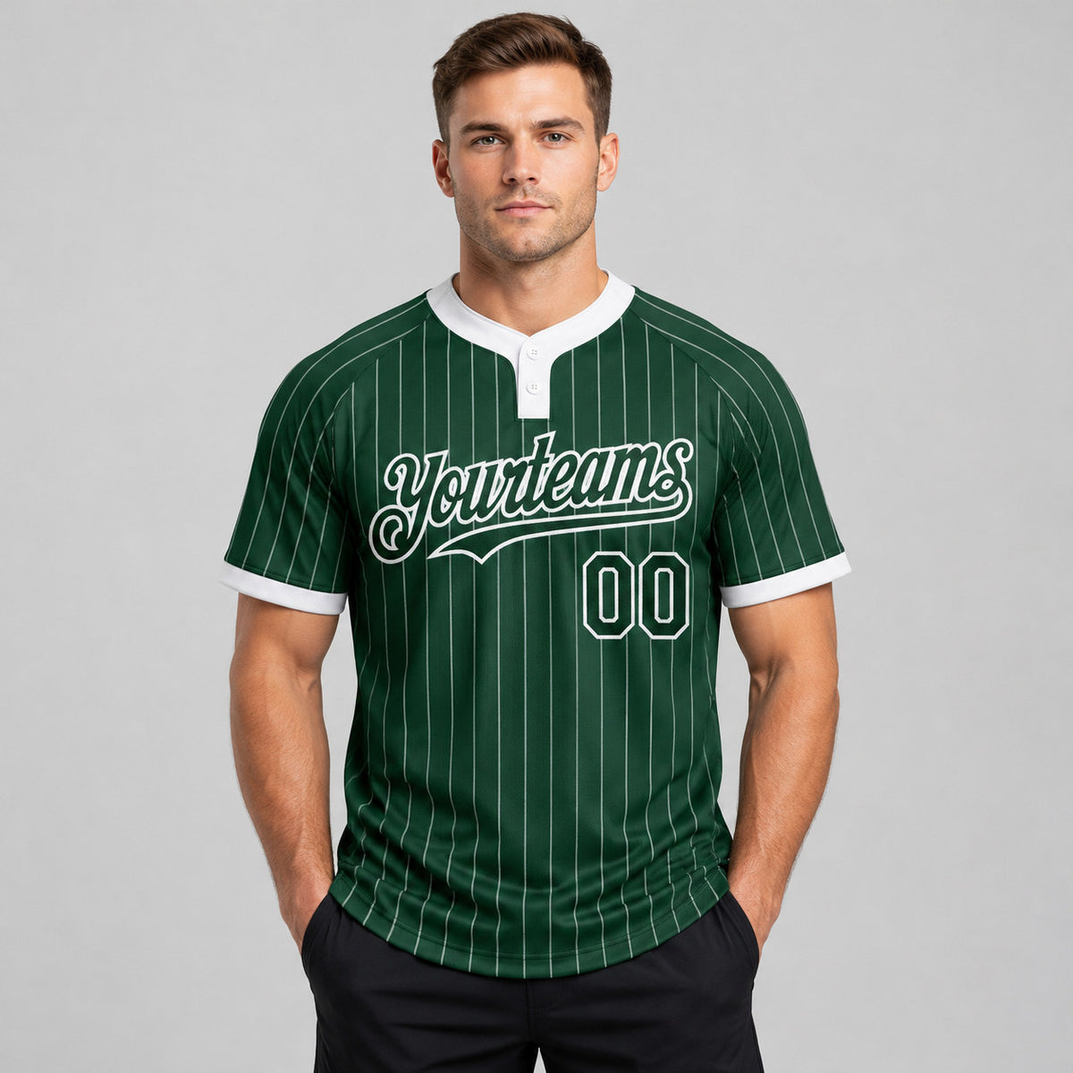 Custom Green Two Button Pinstripe Softball Jersey with White Lettering worn by male model