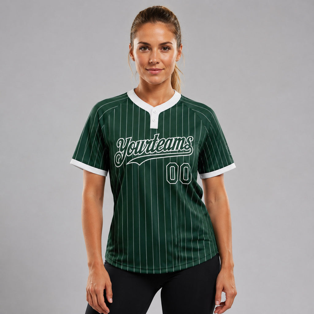 Custom Green Two Button Pinstripe Softball Jersey with White Lettering worn by female model