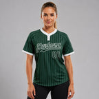 Custom Green Two Button Pinstripe Softball Jersey with White Lettering worn by female model