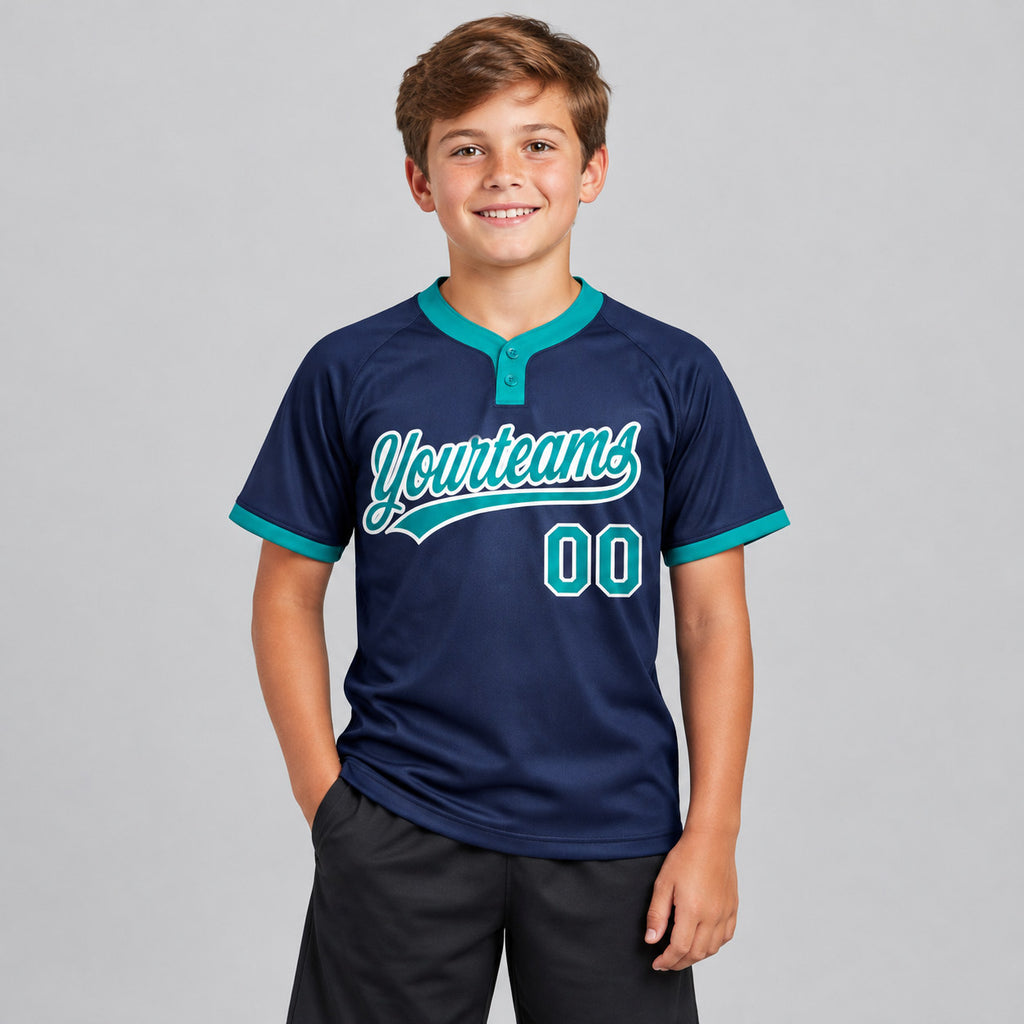Custom Navy Two Button Softball Jersey with Teal and White Lettering Design 0143 youth size worn by child model
