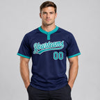 Custom Navy Two Button Softball Jersey with Teal and White Lettering Design 0143 worn by male model