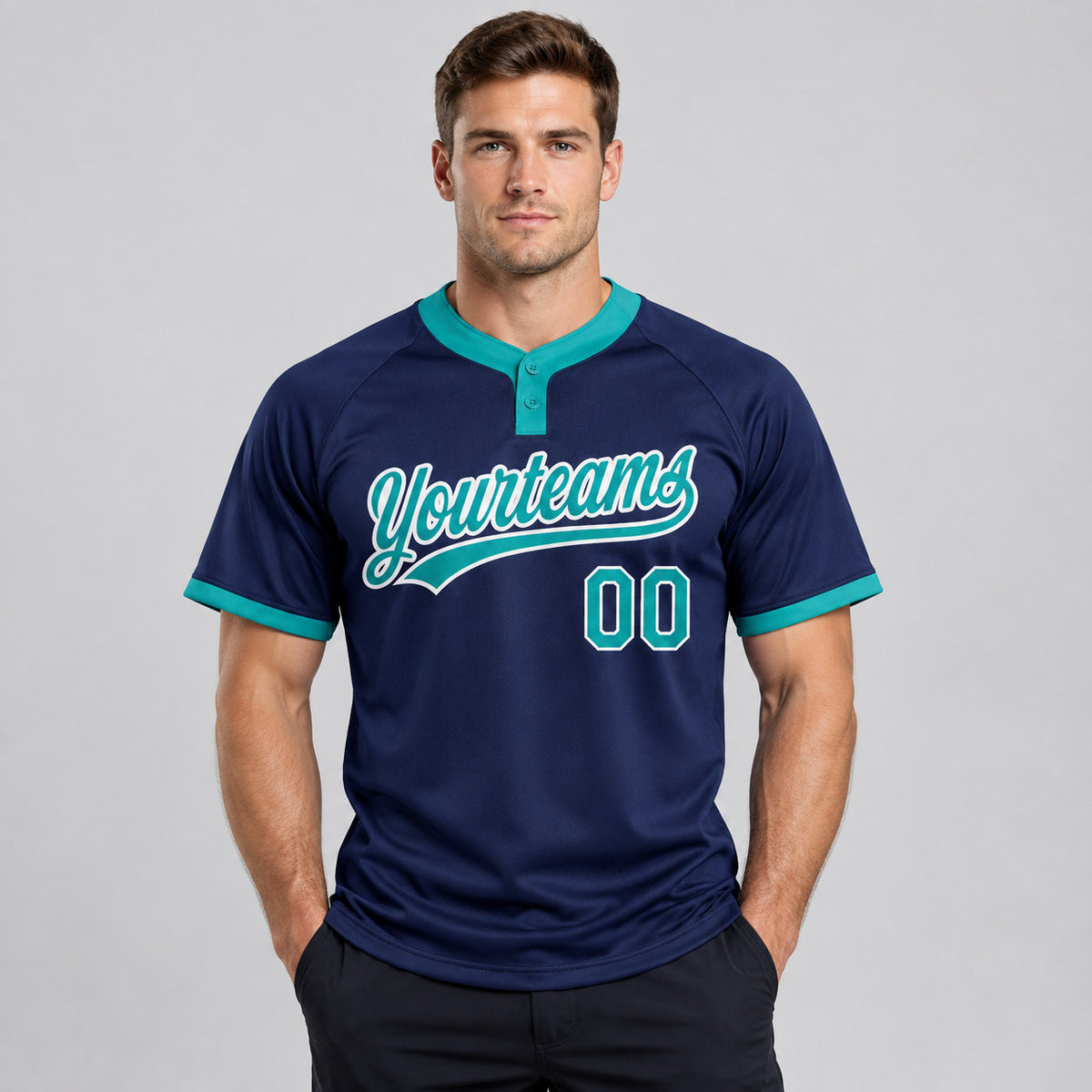 Custom Navy Two Button Softball Jersey with Teal and White Lettering Design 0143 worn by male model