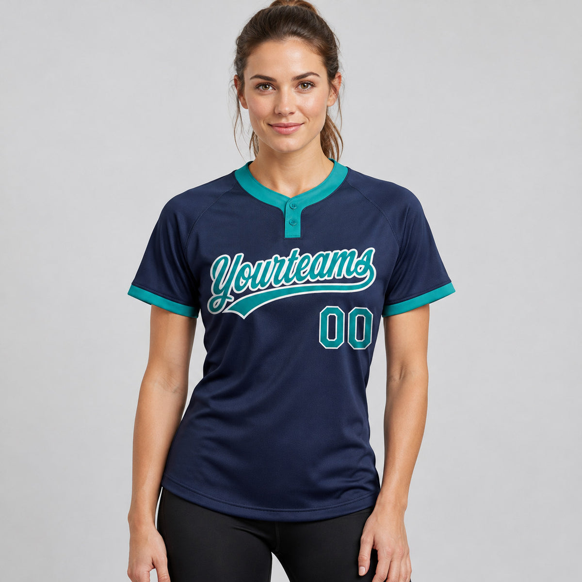 Custom Navy Two Button Softball Jersey with Teal and White Lettering Design 0143 worn by female model