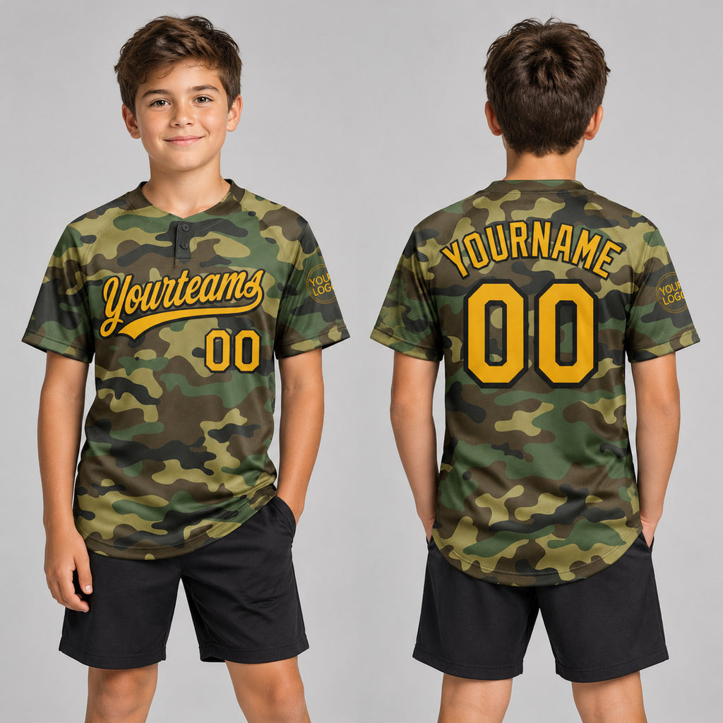 Custom Gold and Black Camo Salute To Service Two Button Softball Jersey youth size worn by child model