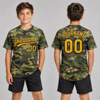 Custom Gold and Black Camo Salute To Service Two Button Softball Jersey youth size worn by child model
