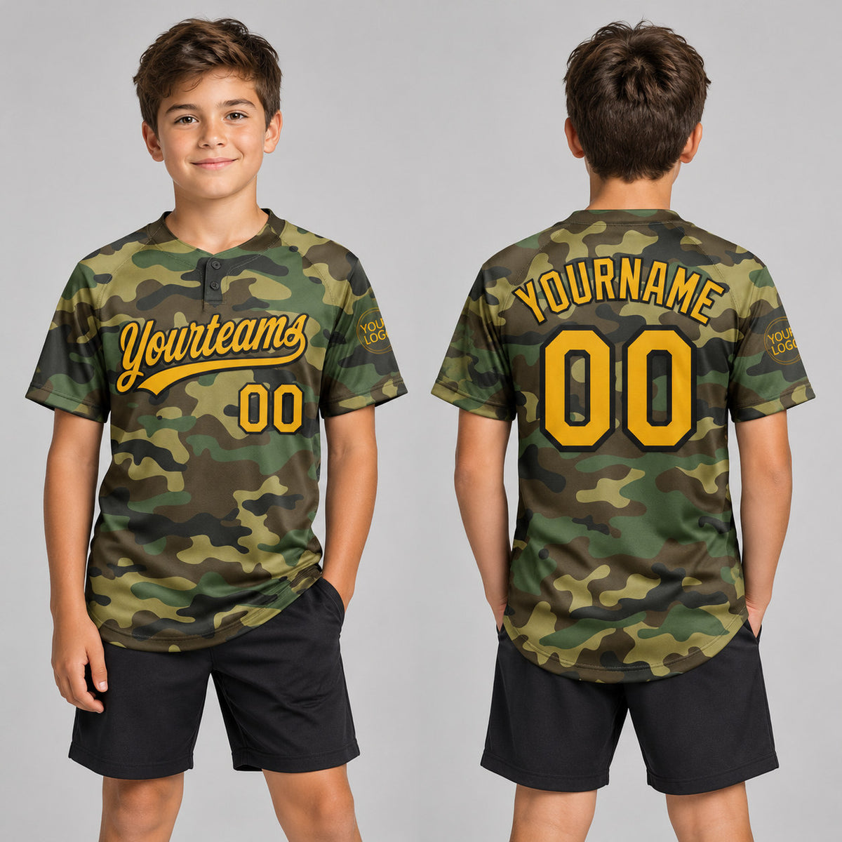Custom Gold and Black Camo Salute To Service Two Button Softball Jersey youth size worn by child model