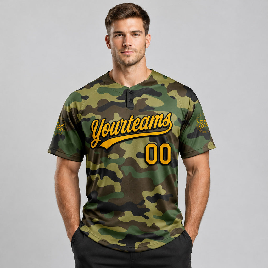 Custom Gold and Black Camo Salute To Service Two Button Softball Jersey worn by male model