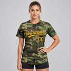 Custom Gold and Black Camo Salute To Service Two Button Softball Jersey worn by female model