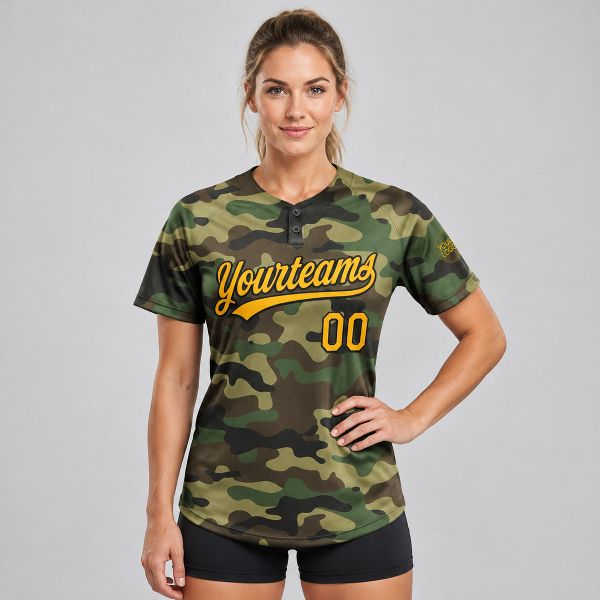 Custom Gold and Black Camo Salute To Service Two Button Softball Jersey worn by female model