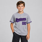 Custom Gray Two Button Softball Jersey with Purple and Black Lettering Design 0559 youth size worn by child model