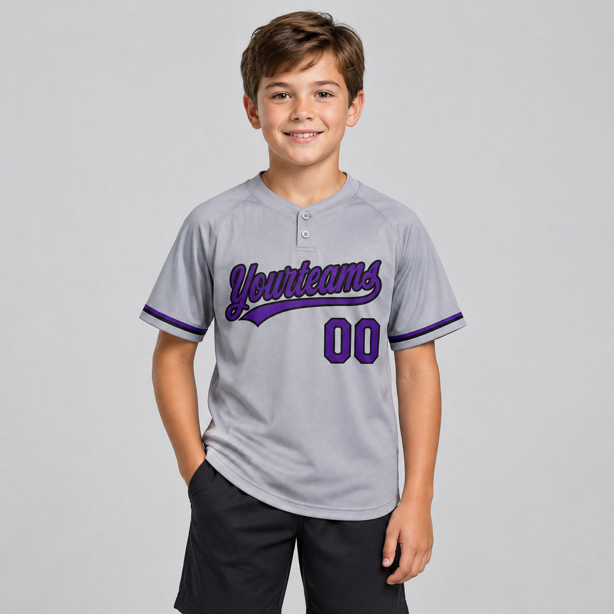 Custom Gray Two Button Softball Jersey with Purple and Black Lettering Design 0559 youth size worn by child model