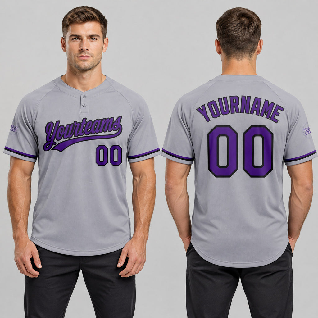 Custom Gray Two Button Softball Jersey with Purple and Black Lettering Design 0559 worn by male model