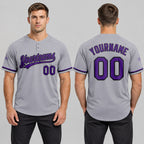 Custom Gray Two Button Softball Jersey with Purple and Black Lettering Design 0559 worn by male model